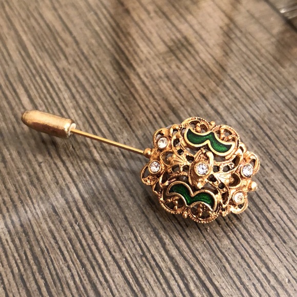 Vintage FLORENZA Stick Pin brooch Green Enamel & Rhinestones - Picture 4 of 16